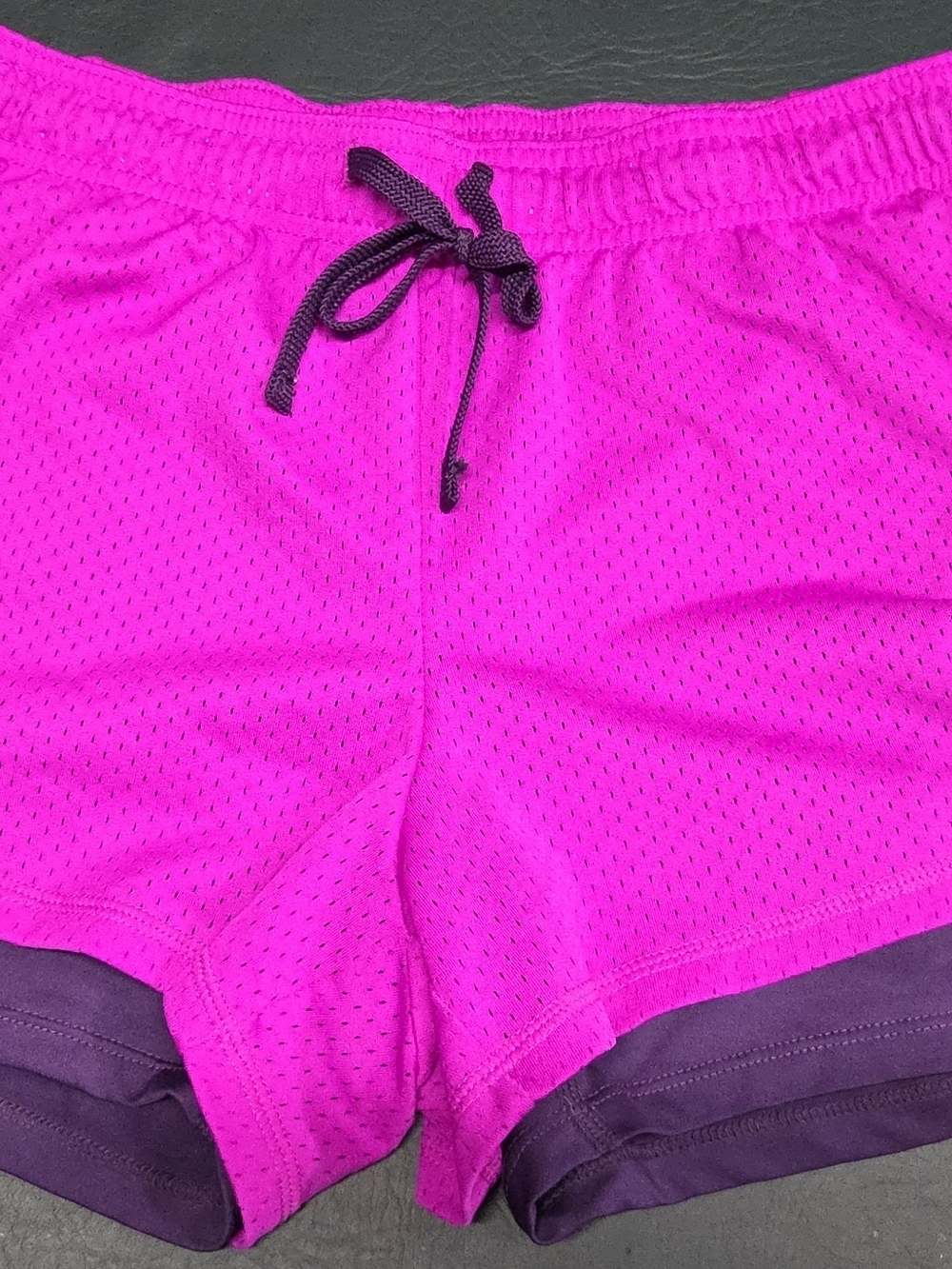**Champion Women’s Athletic Mesh Shorts in Hot Pink with Dark Purple Trim**